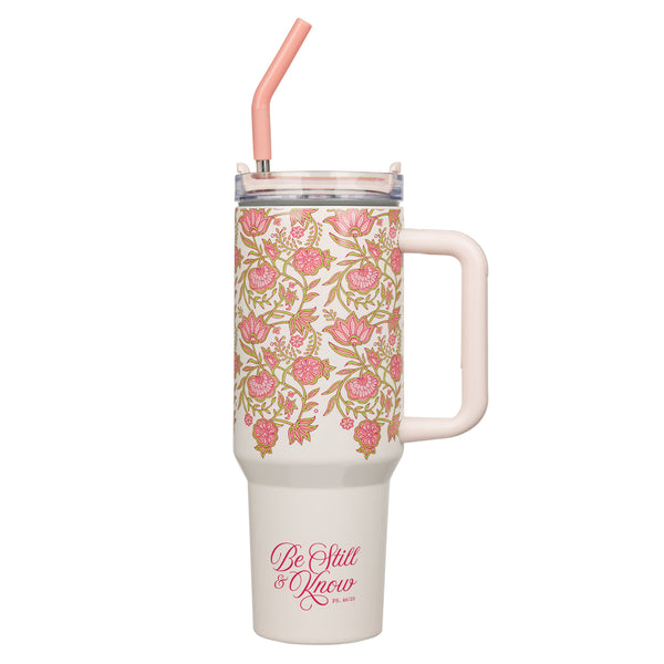 Be Still & Know Pink Large Stainless Steel Travel Mug with Handle and Straw