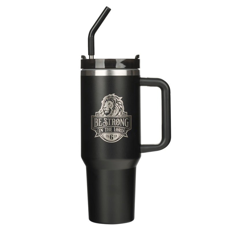 Be Strong in the Lord Large Stainless Steel Travel Mug with Handle and Straw