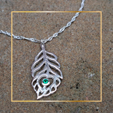 Peacock Feather Sterling Silver Necklace With Emerald Stone