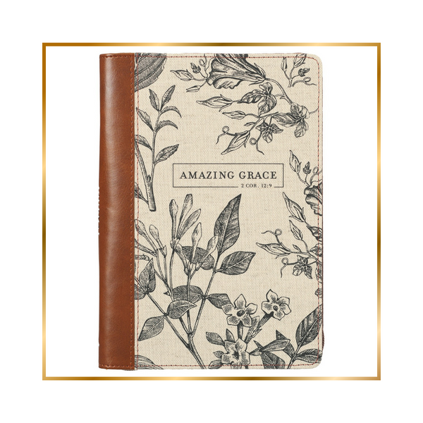 Amazing Grace Floral Faux Leather Journal With Zipped Closure - 2 Cor 12:9