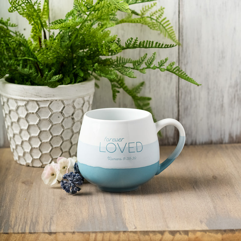 Forever Loved Teal Ceramic Mug - Romans 8:38-39