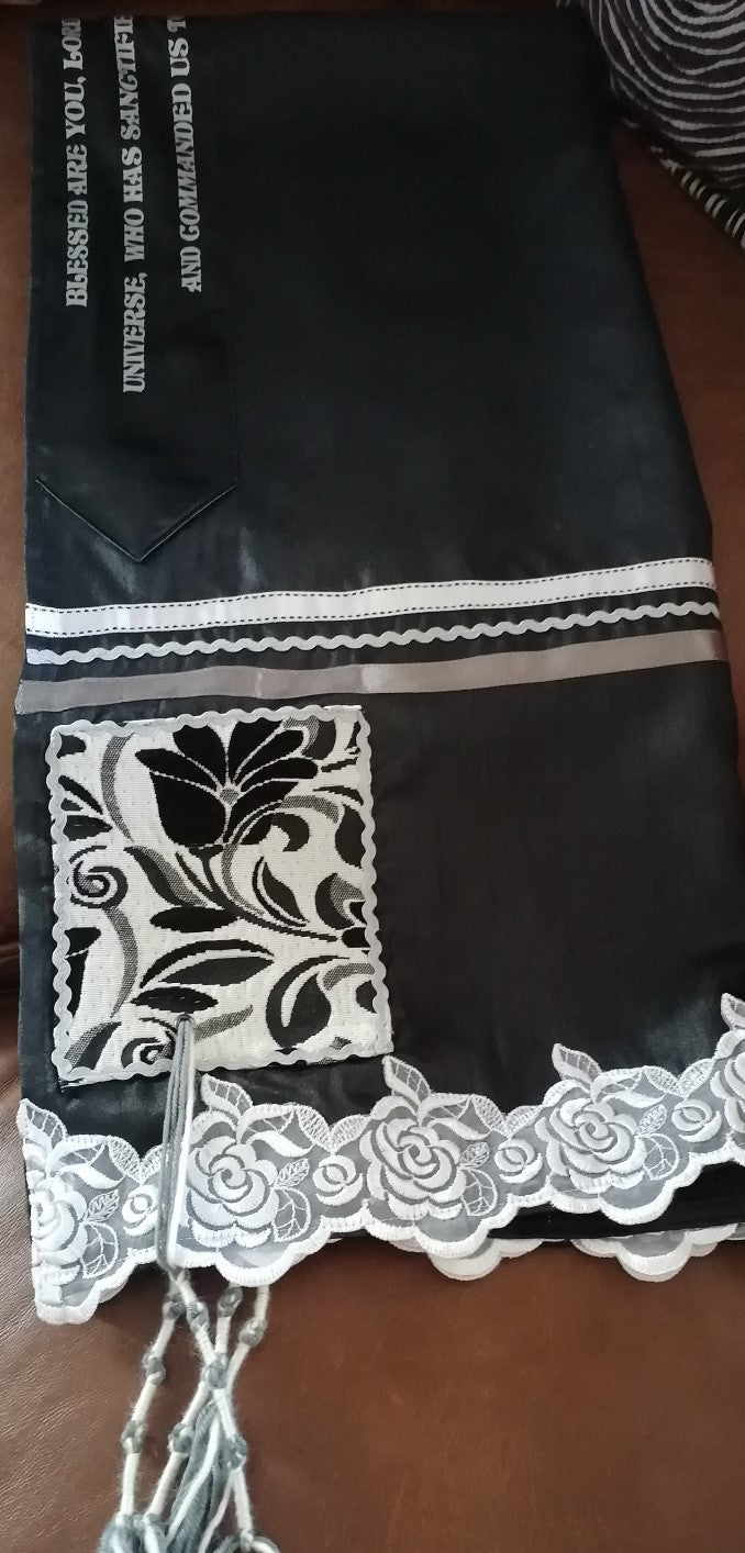 SLM Black & White Silk Prayer Shawl