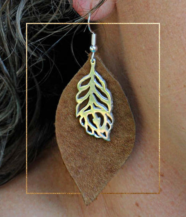 Tan Peacock Feather Earrings